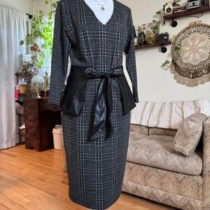 New York & Company Glen Plaid Sheath Dress Faux Leather Peplum Belt Black M